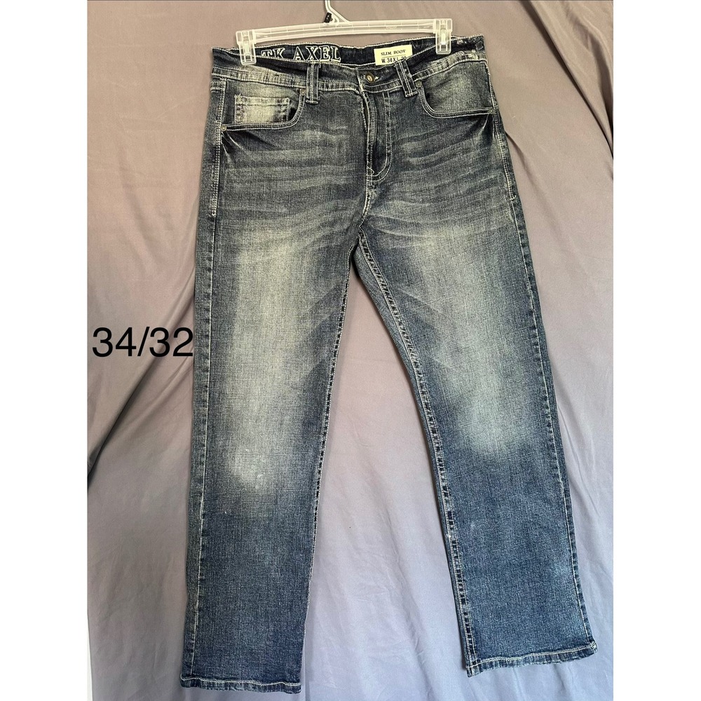 TK Axel Mens Slim Boot Jeans 34x32 Medium Wash Distressed Contrast Stitch Denim